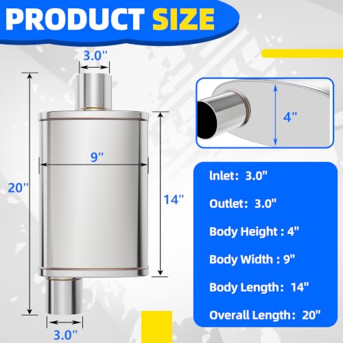 3 inch Universal Mufflers Single Chamber, 3.00” Center In / 3.00” Offset Out, 20" Overall Length Straight-Through Mild Steel Performance Muffler, Suitable for Cars and Trucks(3''Inlet/Outlet) - color: Center In / Offset Out, size: 3''