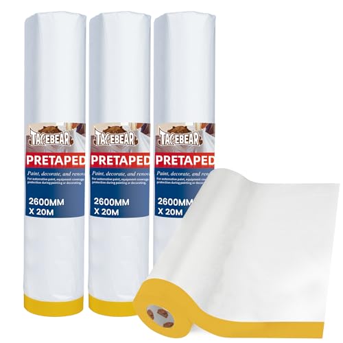 TAPEBEAR Pre-Taped Masking Film Plastic Sheeting Cover for Painting - size: 102" x 66Feet
