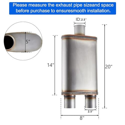 Universal 409 Stainless Performance Exhaust Muffler, single in dual out muffle (2.5 in inlet 2.5 in dual outlet) - size: 2.5 in inlet 2.5 in dual outlet