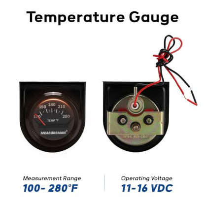 MEASUREMAN 2 Inch Water/Oil Temperature Gauge, 100-280°F, Black Dial