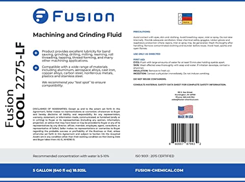 Machining Fluid with Low Foam by Fusion Chemical | Fusion Cool 2275 LF | General Purpose Coolant with Exceptional Low Odor, High-Lubricity | Semi-Synthetic | Microemulsion (5 Gallon Pail) - size: 5 Gallon