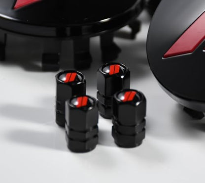 (Set of 4) 63mm=2.5 inches // Slash Wheel Center Caps Covers HubCaps + Tire Valve Stem Caps Trim for Dodge Charger Challenger Durango Hornet Dart R/T SRT Magnum Nitro Journey Caliber Avenger - color: red // on gloss black wheel caps + tire valve caps