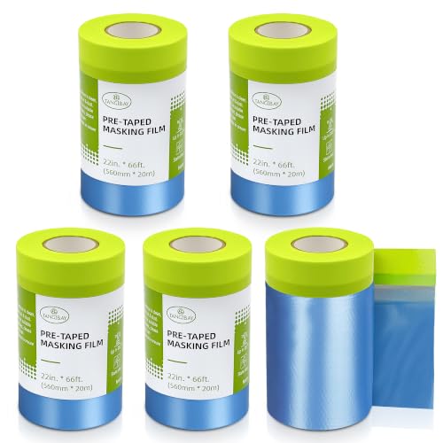 Tangibay Pre-Taped Masking Film for Painting, 22" x 66', 5 Rolls - size: 5 Rolls: 22"