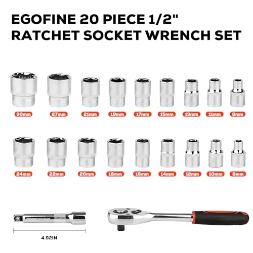 Egofine 20pcs 1/2 Inch Ratchet Socket Wrench Set, Drive Socket Set with 18 Sockets, 8-22mm,24mm,27mm,30mm sockets and 2 Way Quick Released Ratchet Handle and Extension Bar - color: 20pc Standard Socket Set, size: 1/2