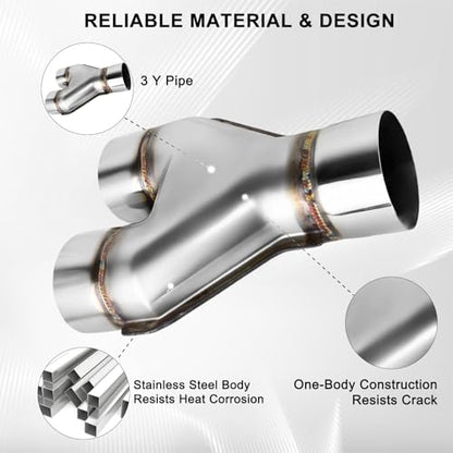 Mupera 3 Inch Exhaust Y Pipe, Stainless Steel 3" Single to 3" Dual Exhaust - size: 3" Inlet 3" Outlet 10" LengthY Silver