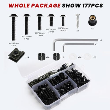 177Pcs Motorcycle Fairing Bolt Kit, M5 M6 Stainless Steel 304, Black - color: Black