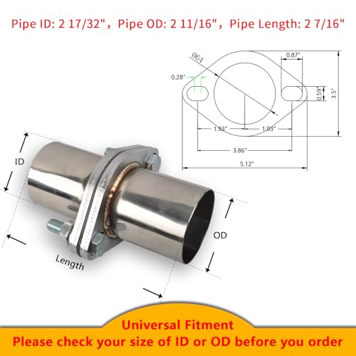 Exhaust Flange Bolts Quick Fix Repair Pipe Kit w/Gasket & Hardware, 2.5'' Inch ID 2 Bolts T304 Stainless Steel Universal Flange Replacement Kit - size: 2.5"ID-2 Bolts