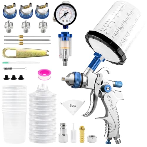 HVLP Spray Gun with 10 Disposable Cups 1.4/1.7/2.0mm Nozzles Blue