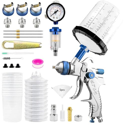 HVLP Spray Gun with 10 Disposable Cups 1.4/1.7/2.0mm Nozzles Blue