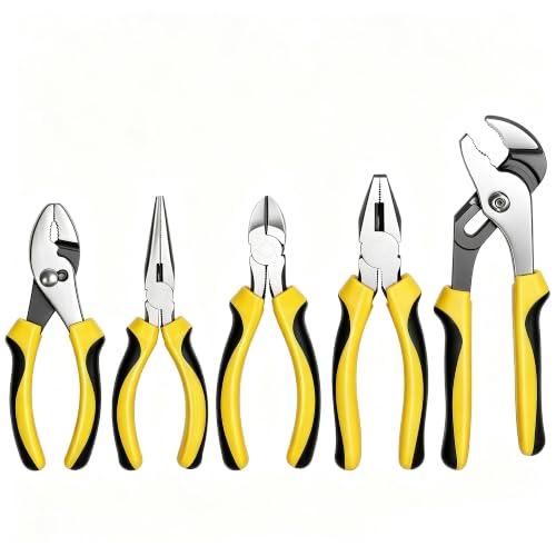 TOPLINE 5-Piece Pliers Set, Pliers Tool Set Included 8" Groove Joint, 7" Linesman, 6" Long Nose, 6" Slip Joint, 6" Diagonalfor Basic Home Maintenance