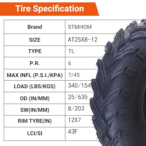 Set of 2 tires AT25X8-12 25X8X12 tires STMHOM ATV/UTV Lawn-Mowers Off-Road Tires 6 PR, Tubeless - size: QD137 25x8-12