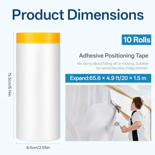 10 Rolls 5Ft x 65Ft Painters Plastic with Tape Pre-Taped Masking Film