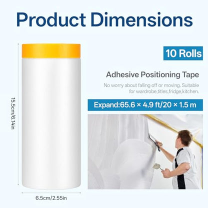 10 Rolls 5Ft x 65Ft Painters Plastic with Tape Pre-Taped Masking Film