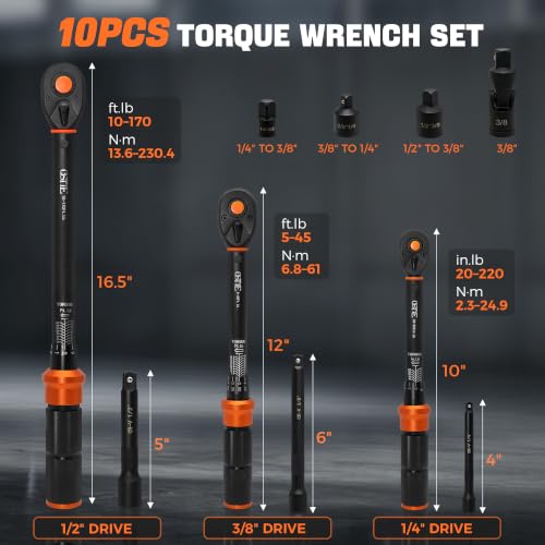 10PCS Torque Wrench Set 1/4 3/8 1/2-inch Drive Click
