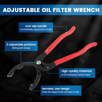 Adjustable Oil Filter Pliers, Oil Filter Removal Tool with 12 Inch Pliers and 3-Jaw Wrench, Automotive Maintenance Tool for Engine Filters, Cars and Trucks