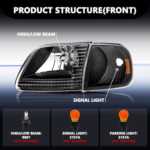 Aosky Halogen Headlights Assembly for 1997-03 Ford F150 Expedition - color: Black / Amber, style: w/o Bulbs