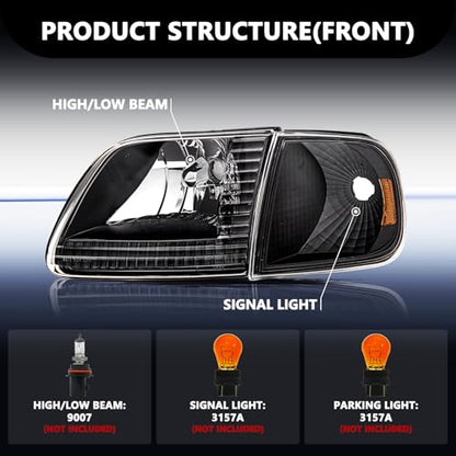 Aosky Halogen Headlights Assembly for 1997-03 Ford F150 Expedition - color: Black / Amber, style: w/o Bulbs