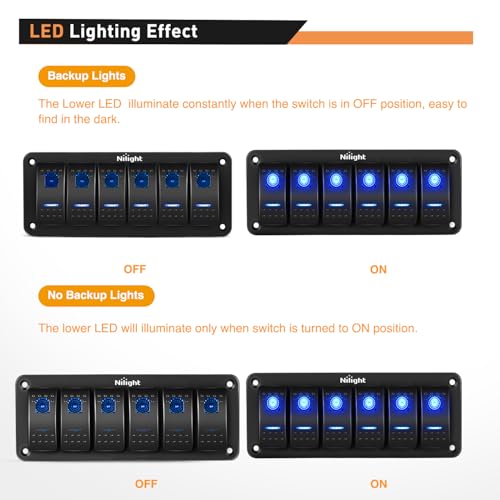 Nilight-90111F 6 Gang Aluminum Rocker Switch Panel Toggle Dash 5 Pin ON/Off Pre-Wired Rocker Switch Blue Backlit Switch for Automotive Car Marine Boat RV,2 Years Warranty - color: Blue, size: 6 Gang
