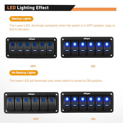 Nilight-90111F 6 Gang Aluminum Rocker Switch Panel Toggle Dash 5 Pin ON/Off Pre-Wired Rocker Switch Blue Backlit Switch for Automotive Car Marine Boat RV,2 Years Warranty - color: Blue, size: 6 Gang