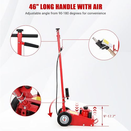 22 Ton Air Hydraulic Floor Jack for Heavy Duty Trucks & Tractors – Low Profile (9"-17.7"), 4 Adapters, 46" Adjustable Handle – 44,000 Lbs Capacity - color: 22 Ton Red