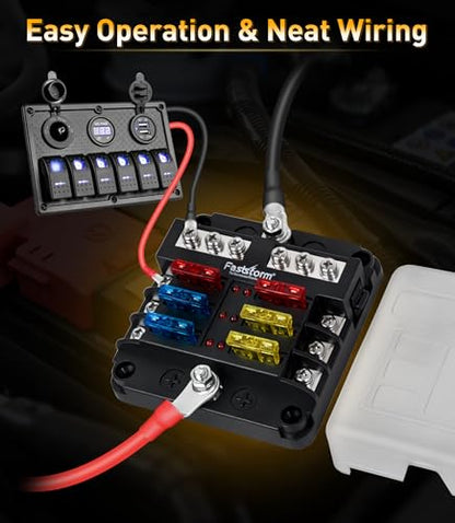 6 Way Fuse Block, Fuse Blocks 12 Volt Automotive with LED Indicator Water Resistant Marine Fuse Panel, Fuse Box 12V with 12 Blade Fuses for 12V/24V Auto Boat RV Golf Cart Truck Car Marine - color: 6 Way Fuse Block