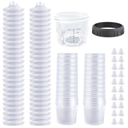 Disposable Paint Spray Gun Cup System for HVLP Paint Spray Paint Gun,Standard 6 Ounce (180ml) Kit with 50 Cups and Lids, 1 Hard Paint Mixing Cup with Retainer Ring and 20 Plugs - color: Dis-180m1-50pcs