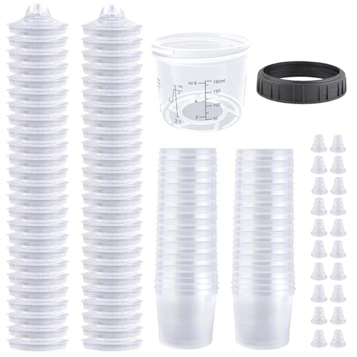 Disposable Paint Spray Gun Cup System for HVLP Paint Spray Paint Gun,Standard 6 Ounce (180ml) Kit with 50 Cups and Lids, 1 Hard Paint Mixing Cup with Retainer Ring and 20 Plugs - color: Dis-180m1-50pcs