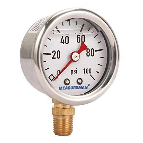 MEASUREMAN 1-1/2" Dial Size, 304 Stainless Steel case, Liquid Filled Fuel Pressure Gauge, 0-100Psi, +/-3-2-3%, 1/8" NPT Center Back Mount - size: 0-100 psi, style: Lower Mount