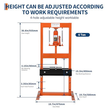 6-Ton Hydraulic Shop Press, h-Frame with Adjustable Height, Movable Plates