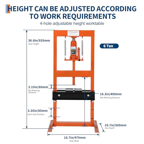 20-Ton Hydraulic Shop Press, H-Frame Pneumatic Benchtop, Adjustable Height