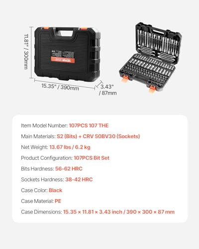 VEVOR Bit Socket Set, 107-Piece SAE and Metric, Hex/Torx/External Torx/Tamper-Proof/Extra Long, S2 Alloy Steel and Cr-V Steel, 1/4 in, 3/8 in, and 1/2 in Drives, with Enhanced Storage Case, Hand Use - size: 107 PCS