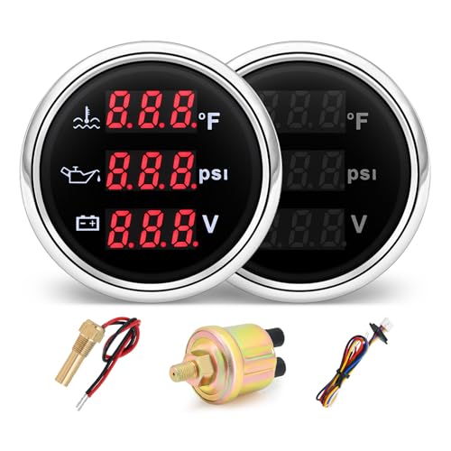 MH Triple Gauge Set - Water Temp (104°F-248°F), Oil Pressure (0-145PSI), Voltmeter (9-32V), AUTO Gauge with Sensors 2" 52mm 3-in-1 Boat Marine Meter Kit (Black and Silver) - color: Black and Silver