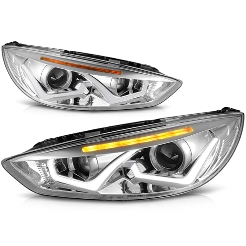 Auto Dynasty LED DRL Headlights Assembly Compatible with 2015-2018 Ford Focus, Driver Passenger Side Dual DRL Halogen Headlamps Replacement w/Projector Low Beam, Chrome Housing Amber Corner - color: Chrome / Amber