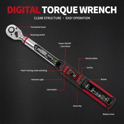 1/2" Digital Torque Wrench Set 6Pcs, 14.7-295Ft-lb(20-400Nm) ±2% Acc, Triple Vib/Beep/LED Alert, 5 Units, Torque Preset, Non-Marring Sockets, Ext Bar, Hard Case, Car Truck RV Tire Suspension Tool