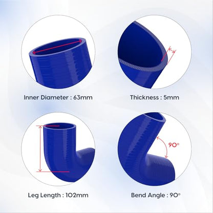 Endure 90 Degree Silicone Elbow Intake Hose 4-Ply, 2.5"(63mm) - Blue - color: Blue, size: ID - 2.5Inch(63mm)