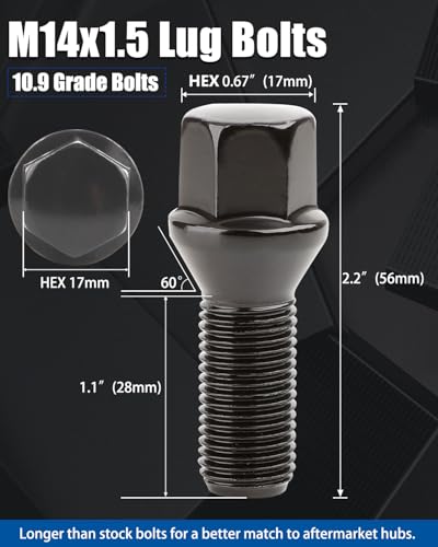 GAsupply M14x1.5 28mm Shank Lug Bolts, 17mm Hex Conical Seat, 20pcs - color: Black, size: 28mm Shank Acron Seat