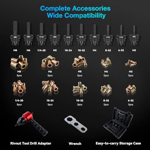 YUZES Rivet Nut Tool Kit for Drill & Ratchet, 10 Mandrels, 50 Rivet Nuts