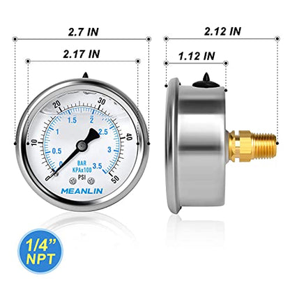 MEANLIN MEASURE 0~50Psi Stainless Steel 1/4" NPT 2.5" FACE DIAL Liquid Filled Pressure Gauge WOG Water Oil Air Center Back Mount, with 1/2" NPT and 1/4" x 3/8" NPT Hex Bushing - size: 0-50Psi