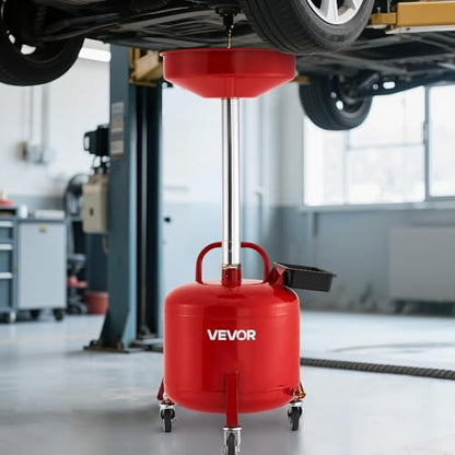 VEVOR 8 Gallon Waste Oil Drain Tank, Industrial Fluid Drain Tank with Adjustable Funnel Height, Portable Oil Drainer with Wheels & Toolbox, Fluid Fuel Transfer Drainage for Auto Repair Shops, Red - size: 8 Gallon