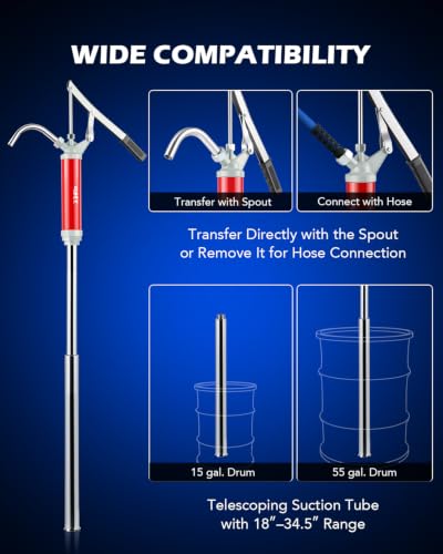 OMT 55 Gallon Drum Pump, Lever Action Barrel Pump for 15 to 55 gal Drums - color: Red Lever Action Steel Pump