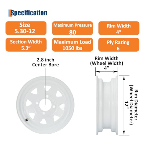 GarveeTech 5.30-12 Trailer Tire and Wheel Assembly, 4 Lug, Set of 2 - size: 5.30-12, style: 4 Lug