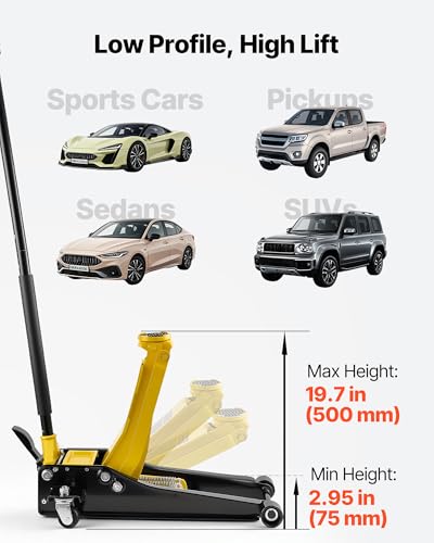 VEVOR Low Profile Floor Jack, 3 Ton (6614 lbs) Capacity, Steel Racing Floor Jack with Dual Pistons Quick Lift Pump & SUV Adapter, Hydraulic Trolley Car Lift for Sports Cars, Lifting Range 2.95"-19.7"
