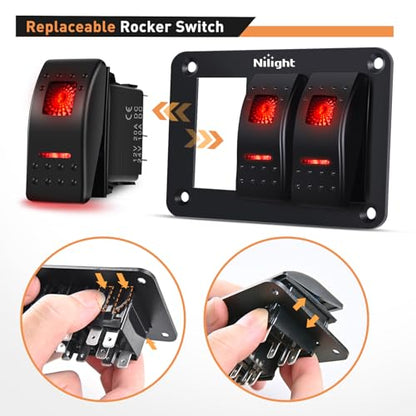 Nilight - 90019C 3 Gang Aluminum Rocker Switch Panel Toggle Dash 5 Pin ON/Off Pre-Wired Rocker Switch Red Backlit Switch for Automotive Car Marine Boat RV,2 Years Warranty - color: Red, size: 3 Gang