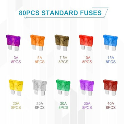 YNZDRWA 80Pcs Standard Fuse Kit, Upgraded Car Fuses Assortment Kit