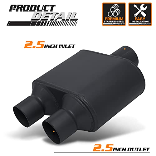 M-AUTO 2.5" Inlet and Outlet Dual Universal Muffler, 12" Overall Length Heavy Duty Stainless Steel Exhaust Muffler Assembly, Black