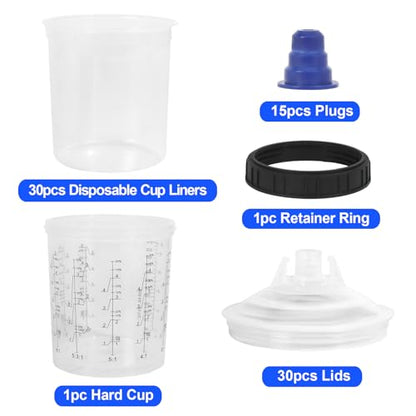 JOYFUL&HOPEFUL Disposable Paint Spray Gun Liners and Lids,20 Ounce (600ml) 30 Pack Kit - 30 Liners, 30 Lids with 125-Micron Strainer, 1 Hard Cup with Retainer Ring, 15 Plugs