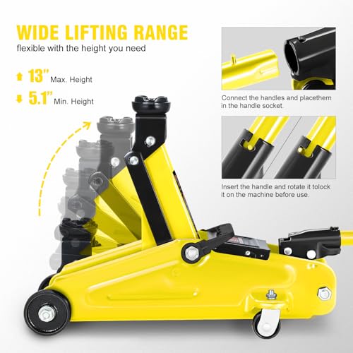 DNA MOTORING Low Profile Hydraulic Trolley Service/Floor Jack, 2 Ton (4000 lbs) Capacity, Lifting Range 5.1"-13", Yellow, TOOLS-00474-YL - color: Yellow, style: 2 ton