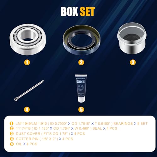 XiKe 4 Sets Boat Trailer Wheel Bearings LM11949 LM11910 - size: LM11949/10 + Seal ID 1.125'', style: Pack 4 Set