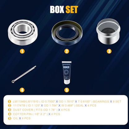 XiKe 4 Sets Boat Trailer Wheel Bearings LM11949 LM11910 - size: LM11949/10 + Seal ID 1.125'', style: Pack 4 Set