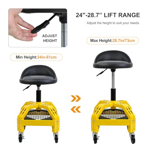 Rolling Garage Stool, 300LBS Capacity, Adjustable Height from 24 in to 28.7 in, Mechanic Seat with 360-degree Swivel Wheels and Tool Tray, for Workshop, Auto Repair Shop, Adjustable Shop Stool